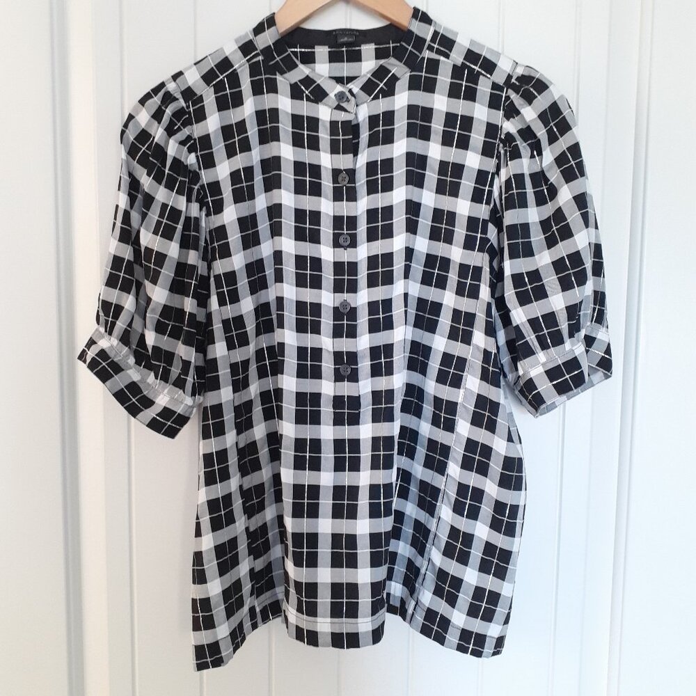 Ann Taylor Shimmer Plaid Puff Sleeve Top Black & White Size M